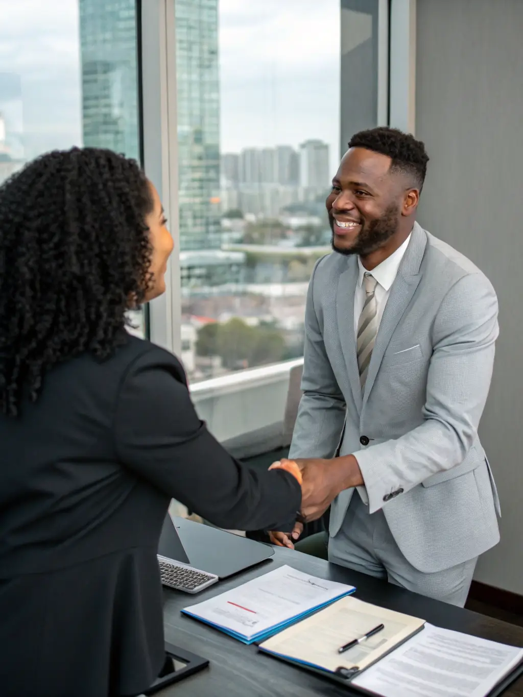 An image of a successful entrepreneur shaking hands with a financial advisor, symbolizing business growth through strategic financial planning.