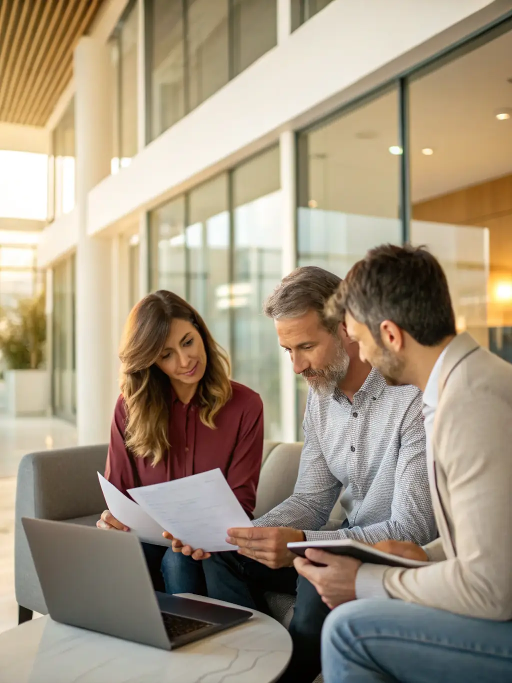 A family happily planning their future finances with a financial advisor, emphasizing personalized wealth management.