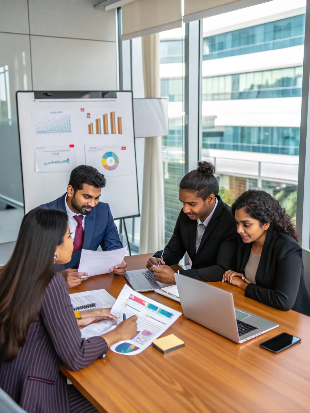 A diverse group of financial experts collaborating around a table, symbolizing AdviserUp's team approach to financial consulting in Mexico.