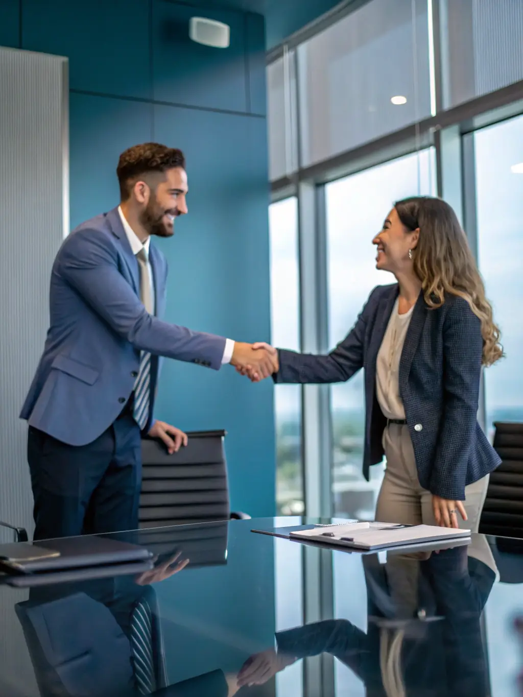 A professional businessman in a suit shaking hands with a businesswoman in a modern office setting in Mexico City, symbolizing successful investment strategies.
