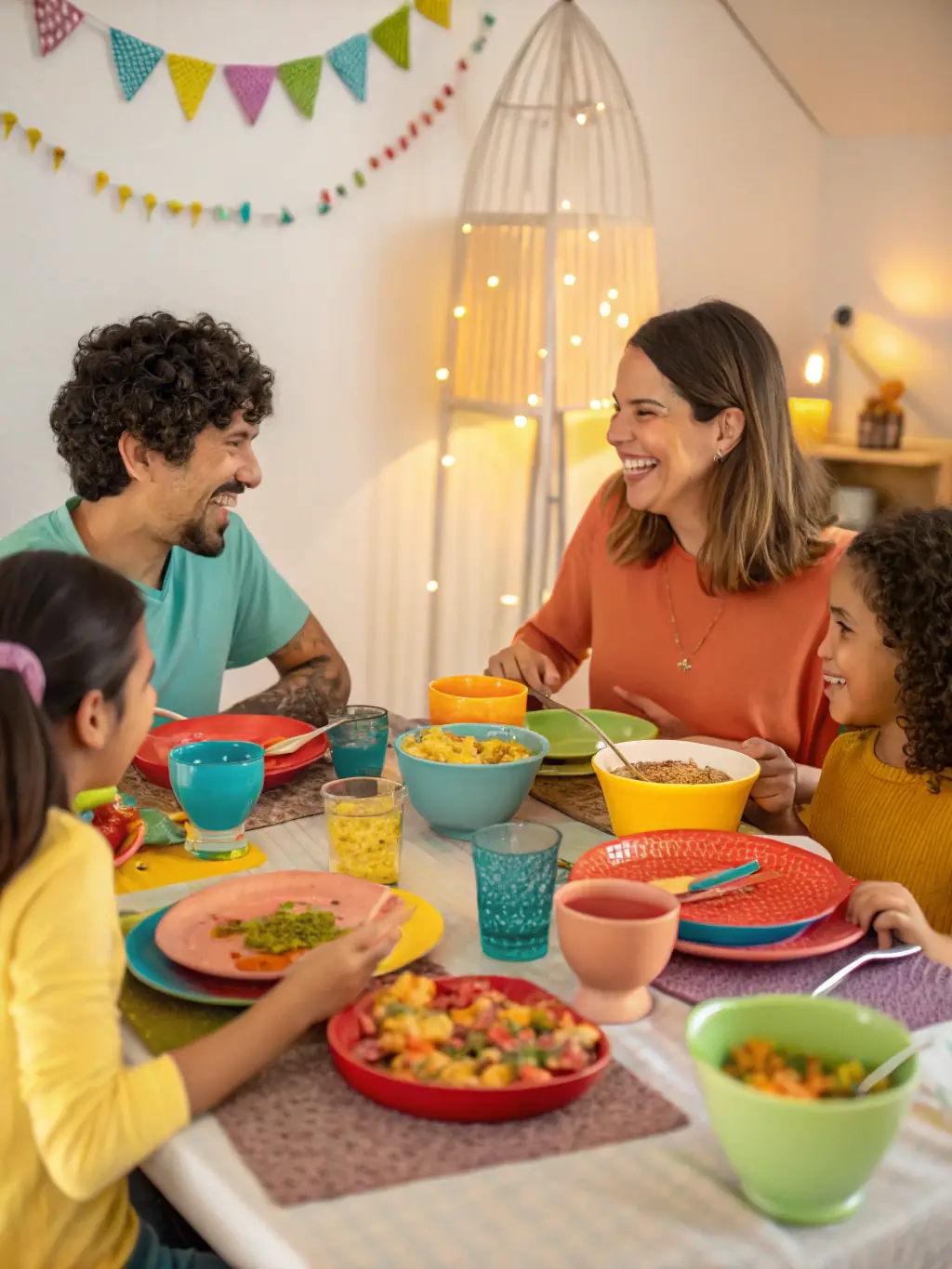 A family happily gathered around a table in a modern Mexican home, representing the security and benefits of comprehensive wealth management.